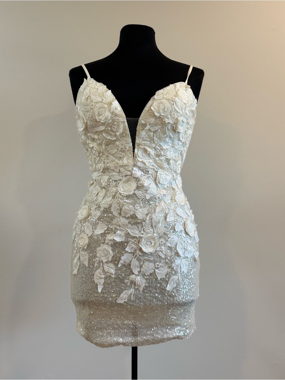 Jovani Ivory Sequin Floral Appliqué Mini Dress